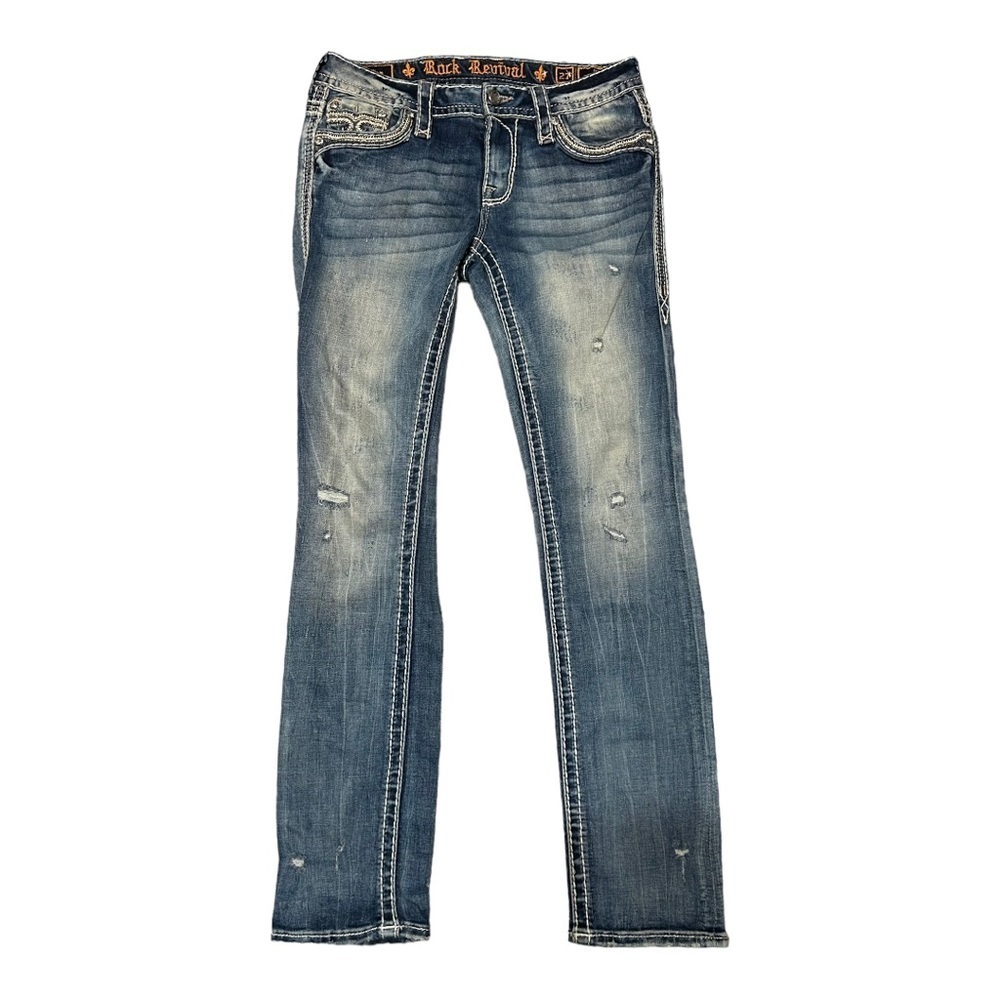 Rock Revival Vein Easy Classic Straight Jeans Embroidered Destructed Denim 27x29